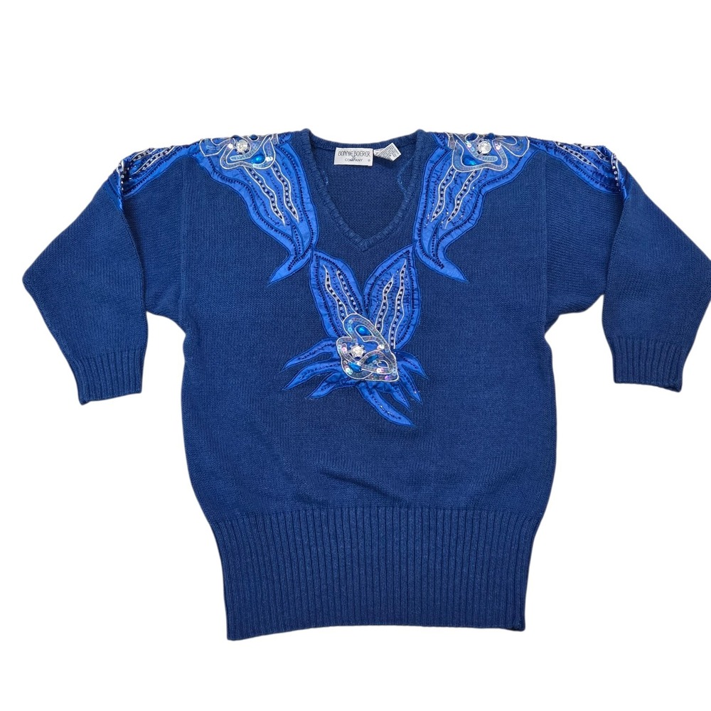 Vtg 80s Bonnie Boerer Sz M Sweater Blue w Beads & Removable Shoulder Pads 3/4 Sl